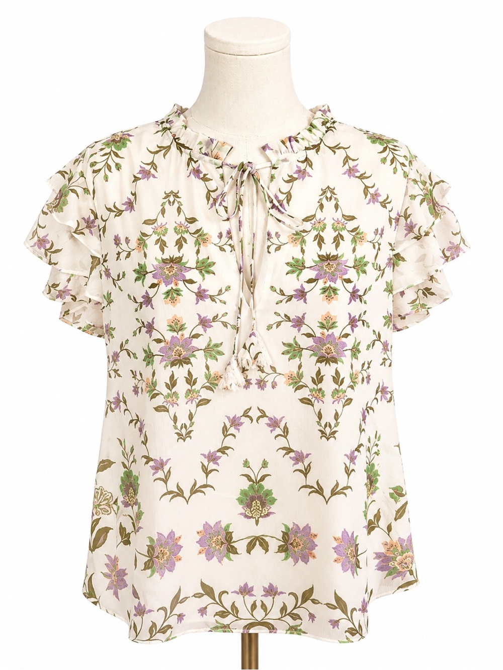 Misa Los Angeles Cream Floral Tie-Neck Ruffle Sleeve Blouse